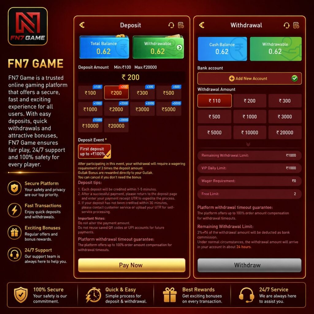FN7 Game promotional banner highlighting mobile gaming features and exclusive rewards