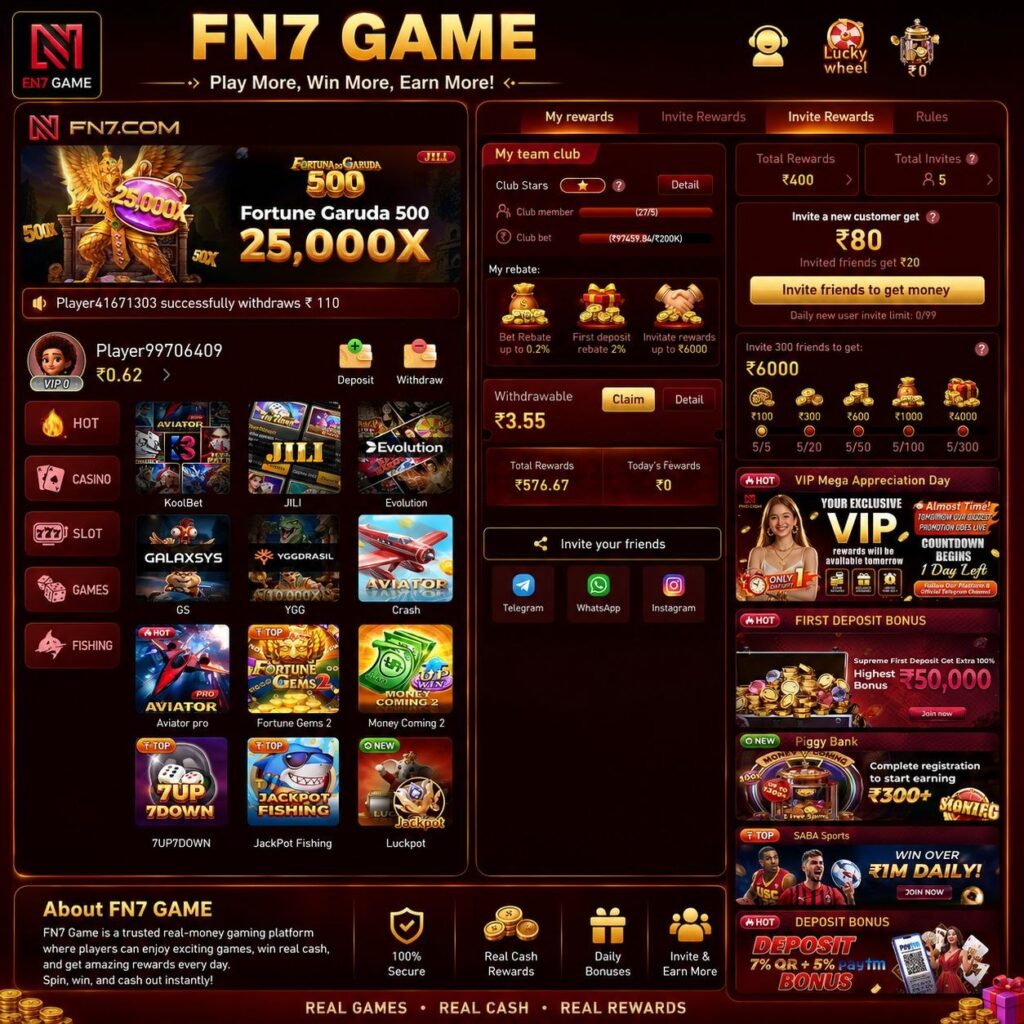 FN7 online platform showcasing colorful gaming interface
